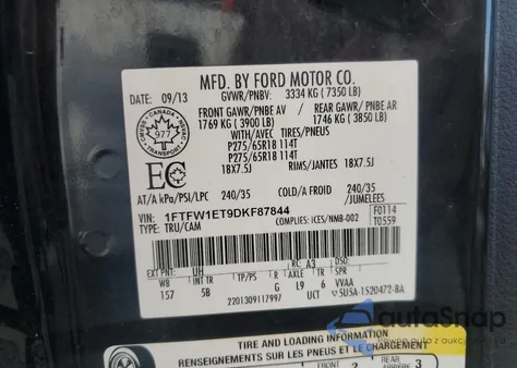 2013 Ford F150 Supercrew z USA, uszkodzony, nr VIN 1FTFW1ET9DKF87844